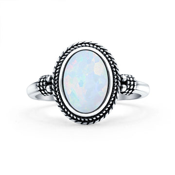 Petite Dainty Vintage Style Lab Created White Opal Ring Solid Oval Oxidized 925 Sterling Silver